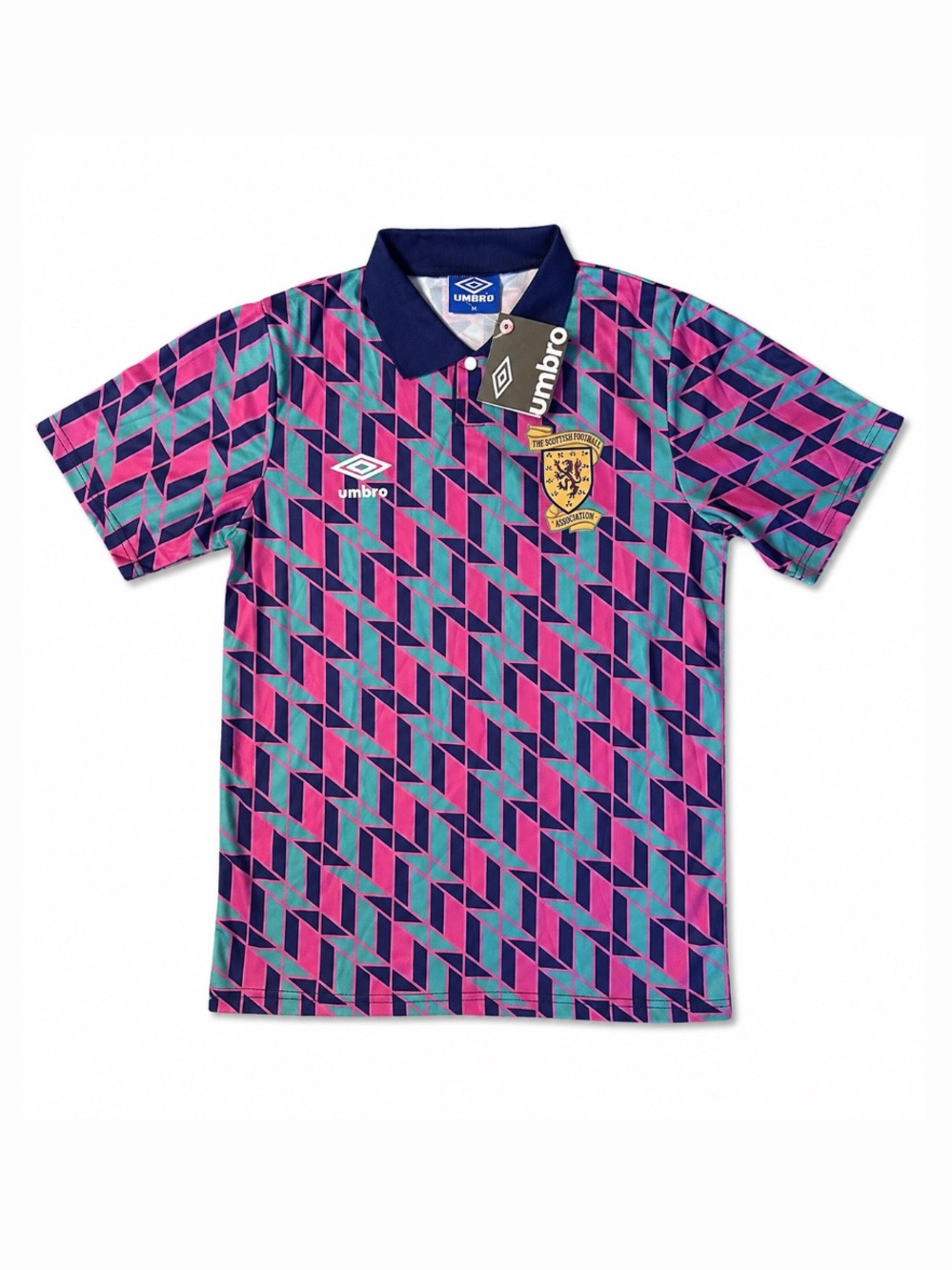 Umbro Scotland vintage  Polo Shirt in Pink & Teal Geometric Print